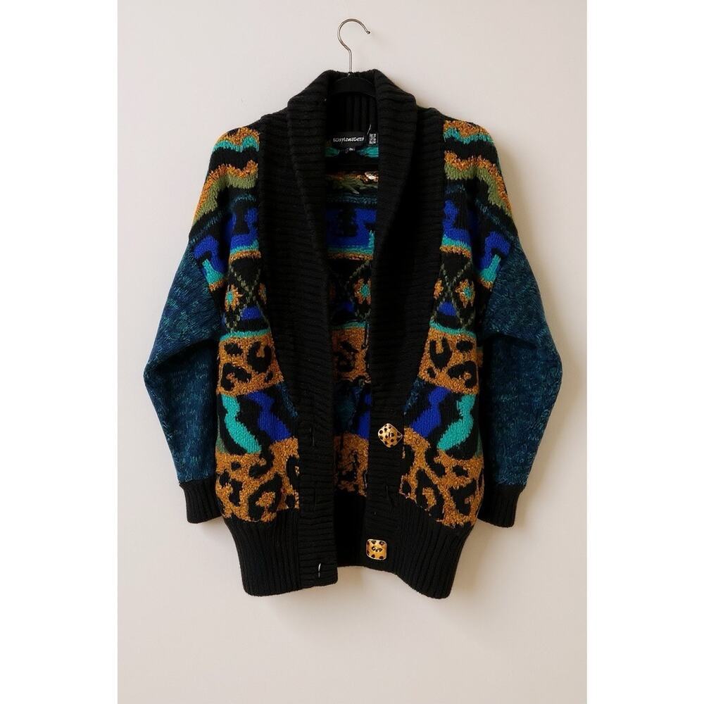 American Vintage Wool Cardigan Sweater Long Colorful Oversized Animal Print M